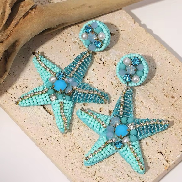 Bohemian Blue Starfish Beaded Drop Earrings - Picture 1 of 2